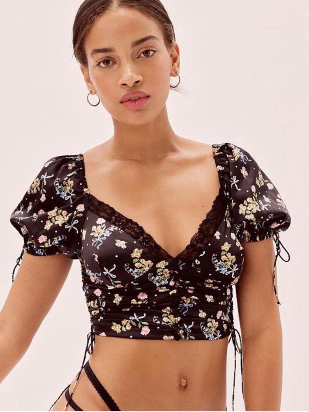 For Love and Lemons August Floral Lace Trim Black Puff-Sleeve Crop Top | size S